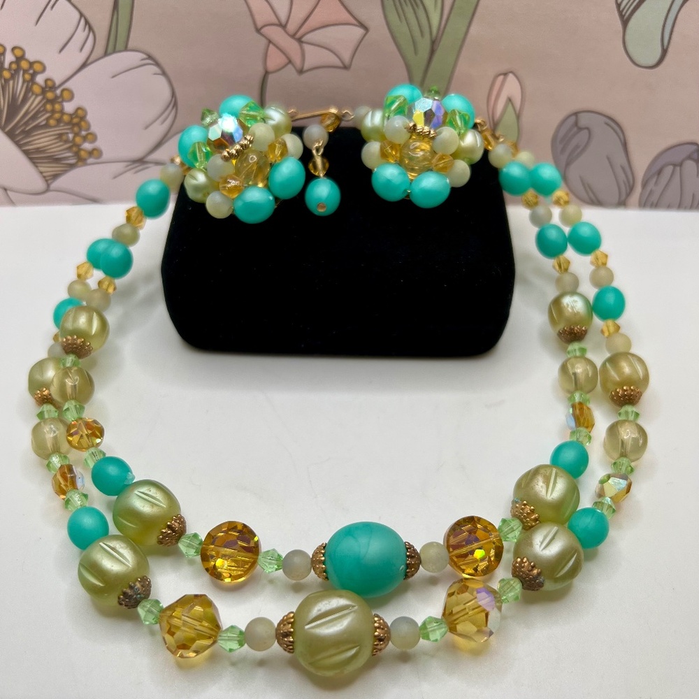 Glass and Bead Cluster CLIP Earrings and Necklace Set FINAL MARKDOWN